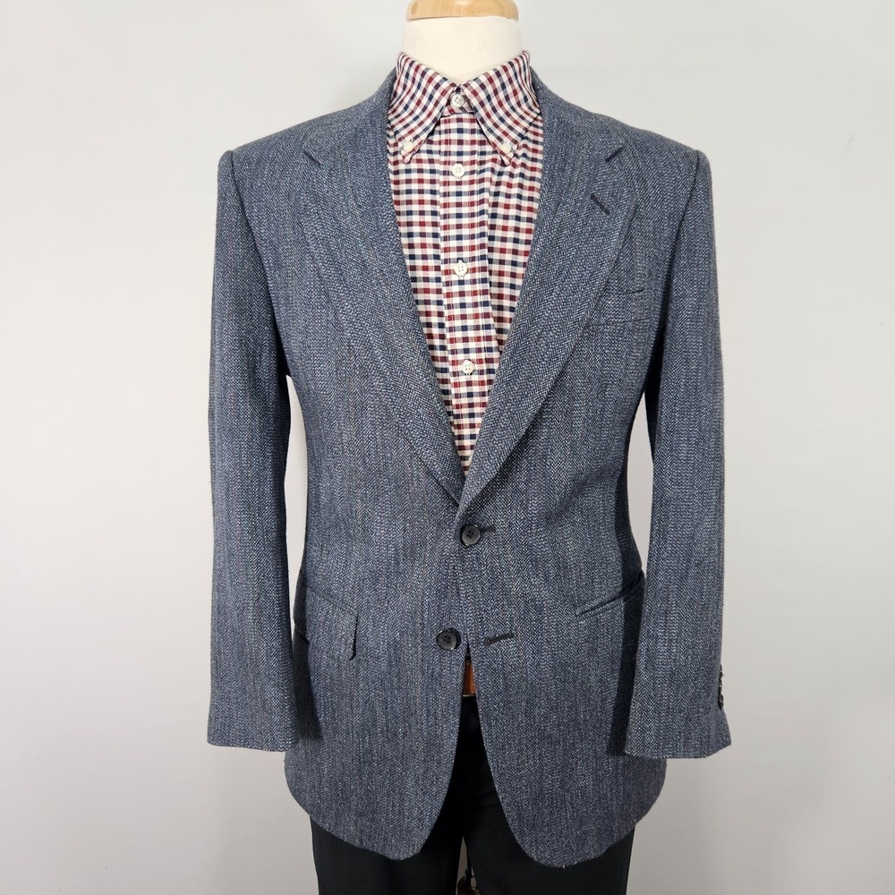 Towncraft Men's Sport Coat Blazer Two Button Blue Herringbone Poly Wool Silk 38R